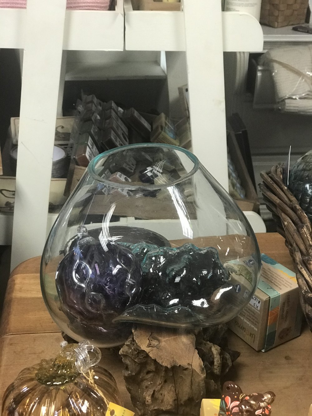 Hand blown glass bowl on driftwood stand from Bali - Decorative